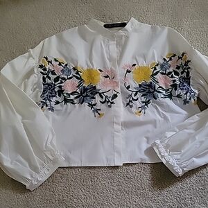 Haute Rogue Boho Cropped White  Embroidered Button Down Shirt Sz Xs To S